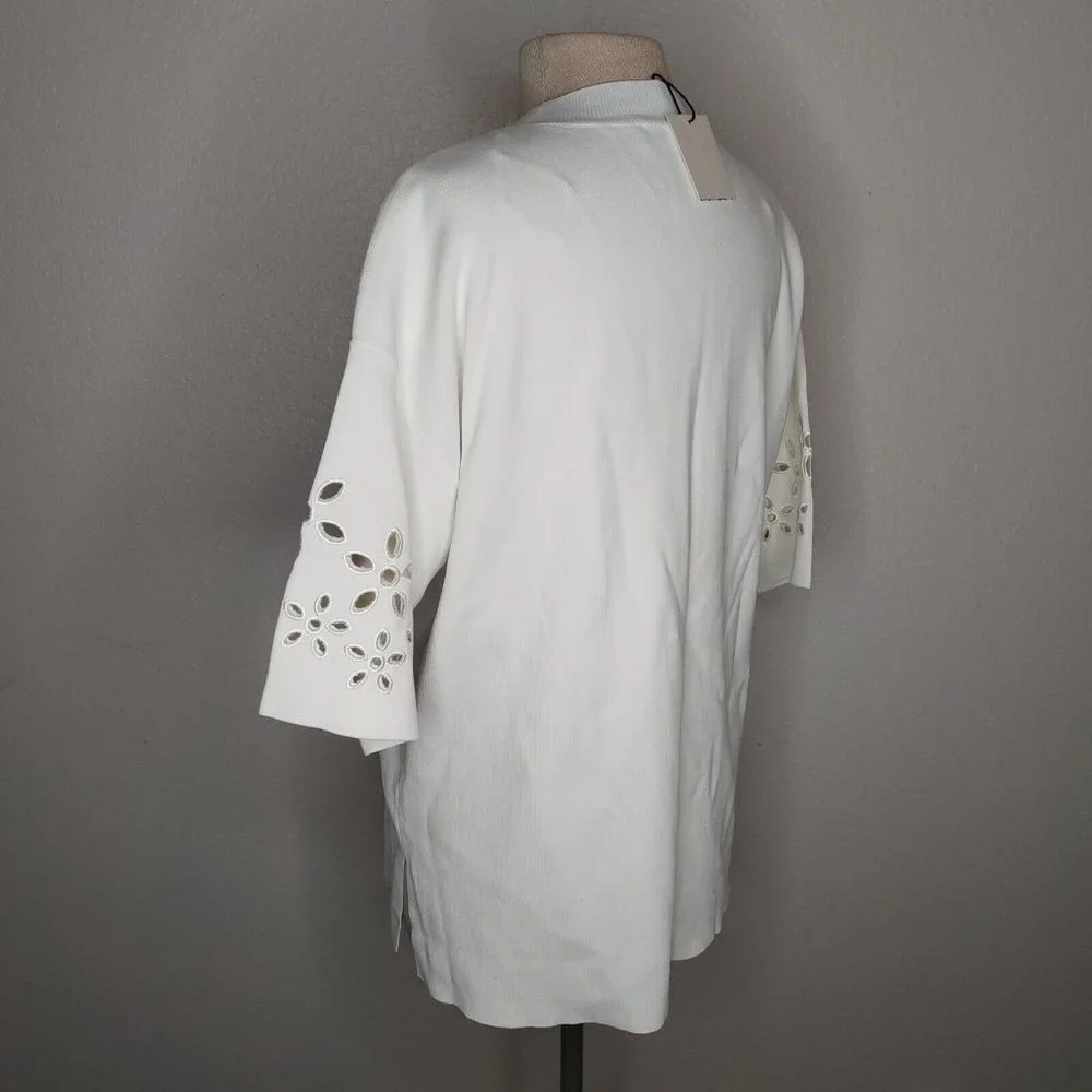 Zara Womens Top Medium Ribbed Short Sleeve Embroidered Flower Sleeves Ivory - Picture 4 of 16